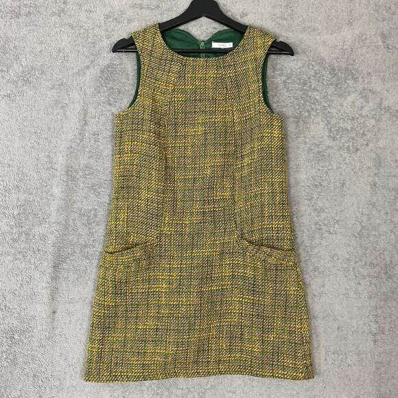 Esley Tweed Sleeveless Shift Dress S Green Yellow Textured Pockets Mod Retro